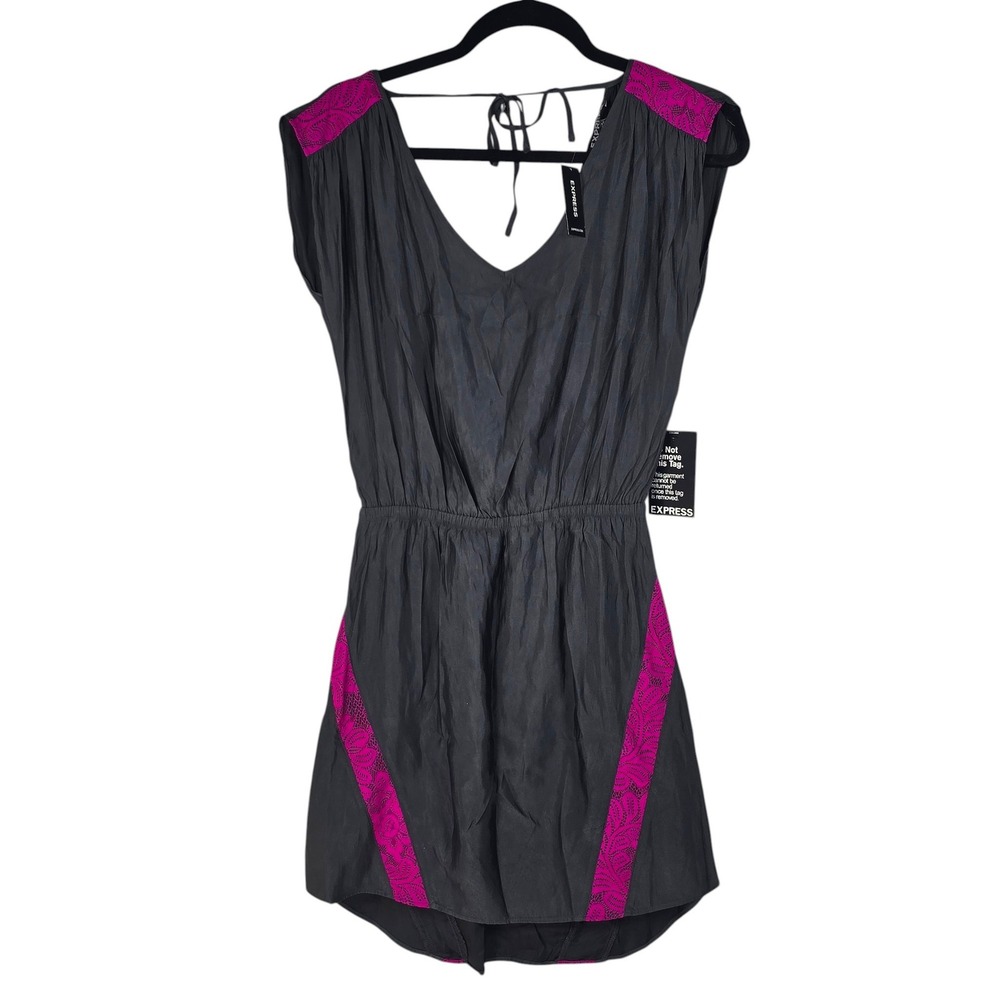 Express‎ Women XS Mini Dress Gray Magenta Lace Trim V-Neck Elastic Waist NWT